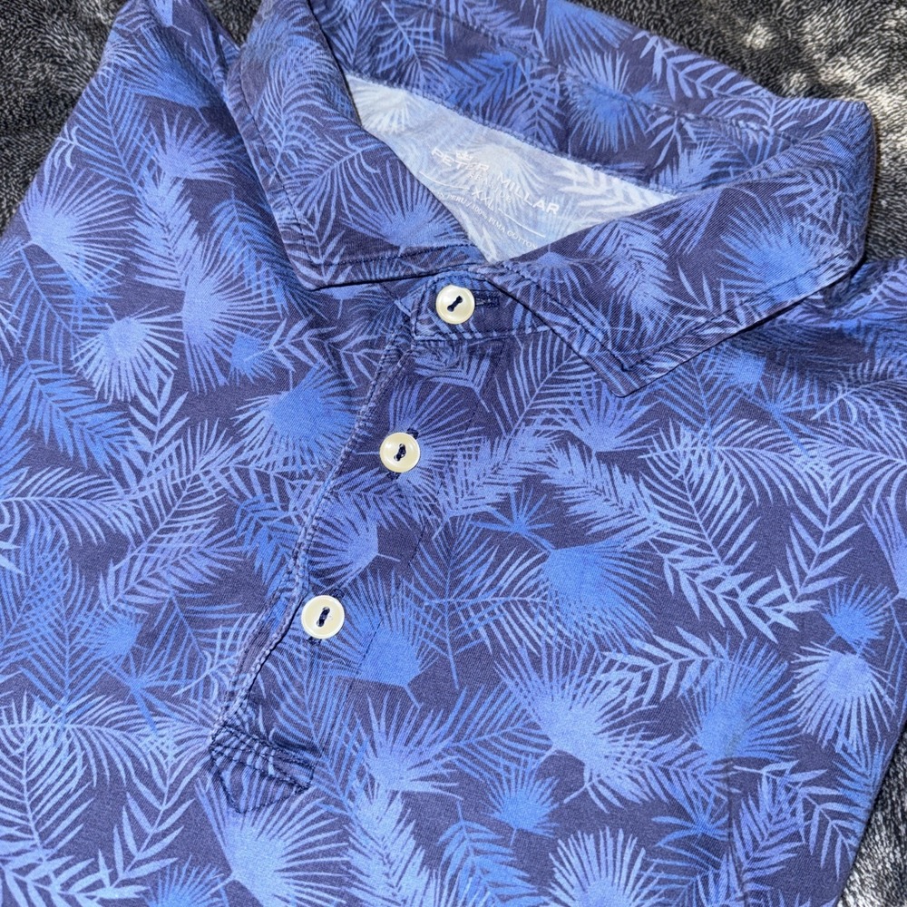 Peter Millar Golf Seaside Wash Palm Leaf Polo Shirt‎ Men's ~ SIZE 2XL Blue Pima
